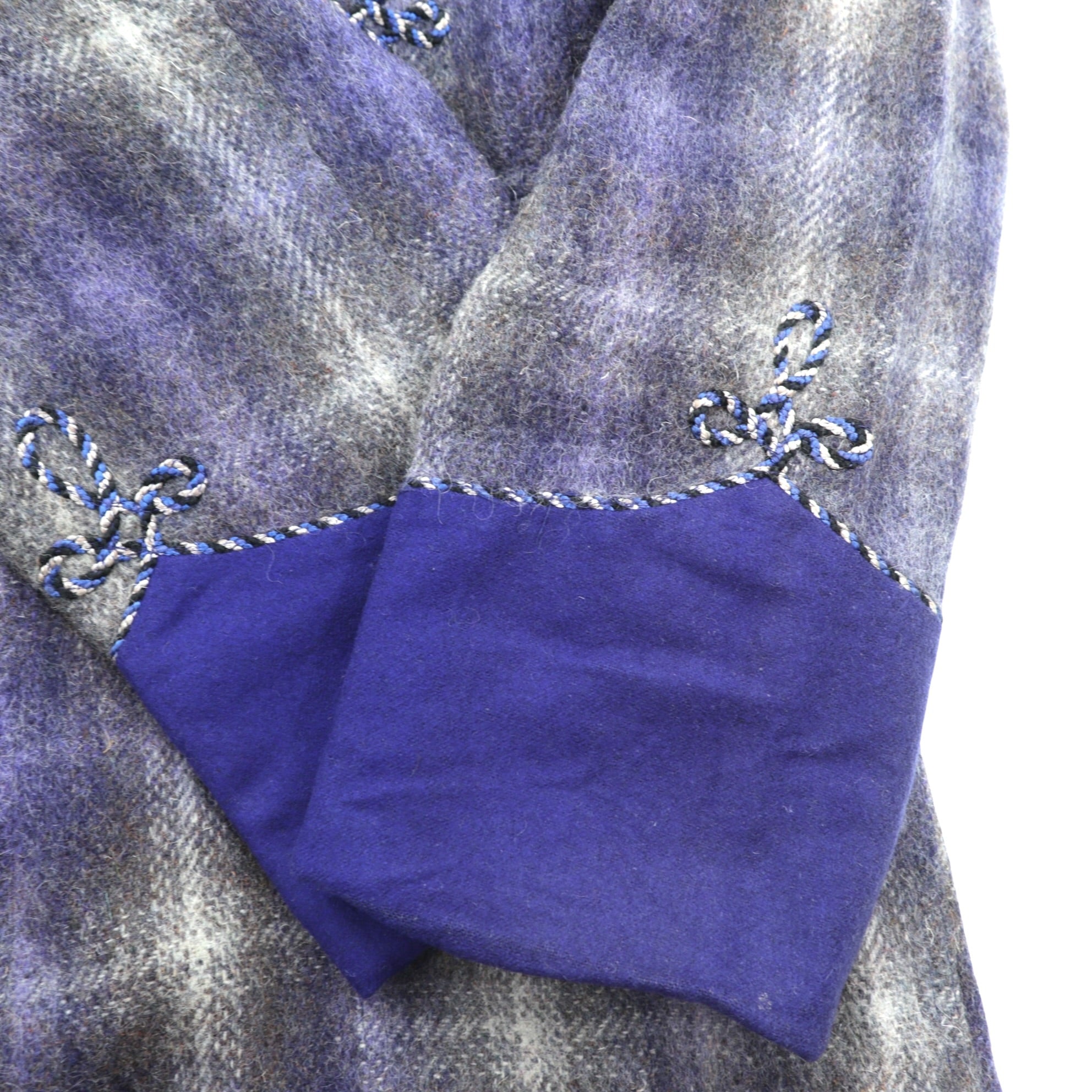 70s Vintage Robe Coat 英国製 ガウン ローブ コート FREE ブルー 刺繍 ウール チェック イギリス製