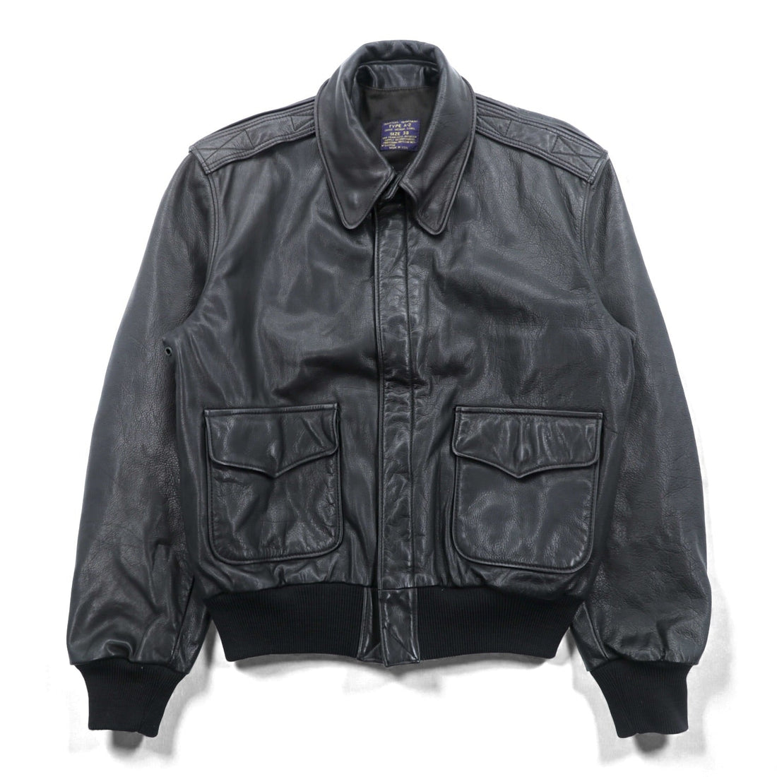90s USA Vintage A-2 Leather Bomber Jacket Flight Jacket, Size M, Black Leather, Genuine SCOVIL Zip, Epaulettes, Made in USA, 90s, San Francisco Aviation Supply