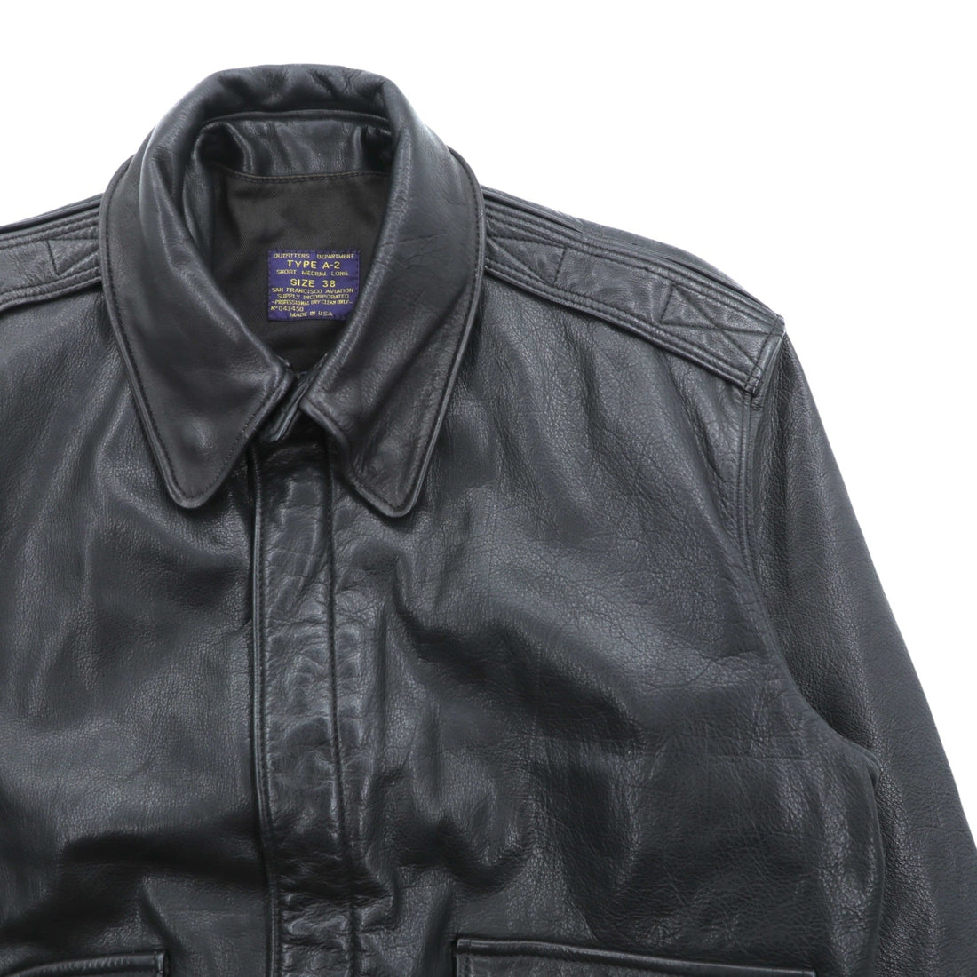 90s USA Vintage A-2 Leather Bomber Jacket Flight Jacket, Size M, Black Leather, Genuine SCOVIL Zip, Epaulettes, Made in USA, 90s, San Francisco Aviation Supply