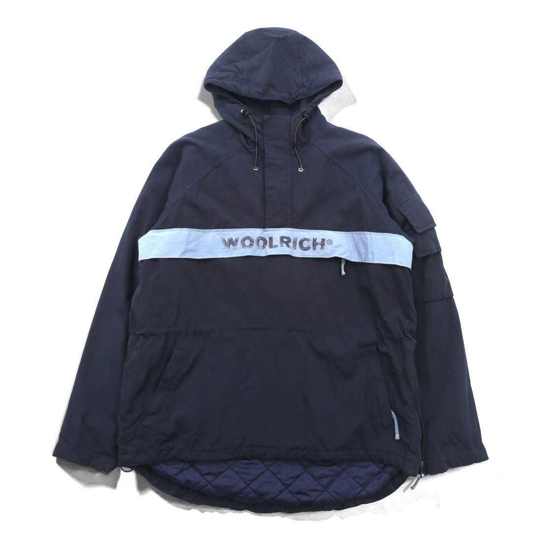 Woolrich Half Zip Anorak Hoodie Nylon Jacket, Large, Navy Drawcord, Kangaroo Pocket, Padded, Side Slit
