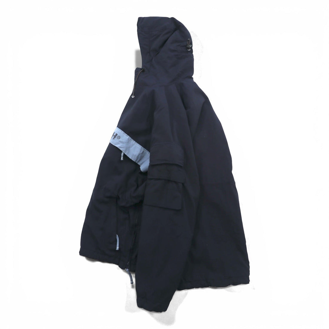 Woolrich Half Zip Anorak Hoodie Nylon Jacket, Large, Navy Drawcord, Kangaroo Pocket, Padded, Side Slit