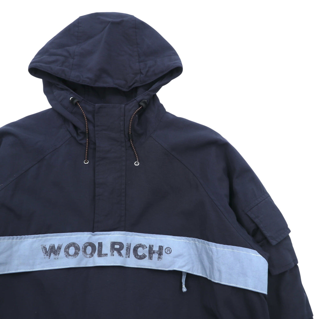 Woolrich Half Zip Anorak Hoodie Nylon Jacket, Large, Navy Drawcord, Kangaroo Pocket, Padded, Side Slit