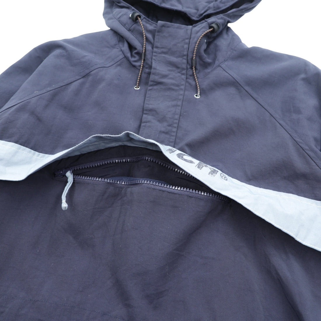 Woolrich Half Zip Anorak Hoodie Nylon Jacket, Large, Navy Drawcord, Kangaroo Pocket, Padded, Side Slit