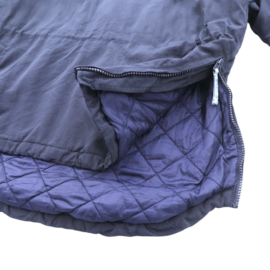 Woolrich Half Zip Anorak Hoodie Nylon Jacket, Large, Navy Drawcord, Kangaroo Pocket, Padded, Side Slit