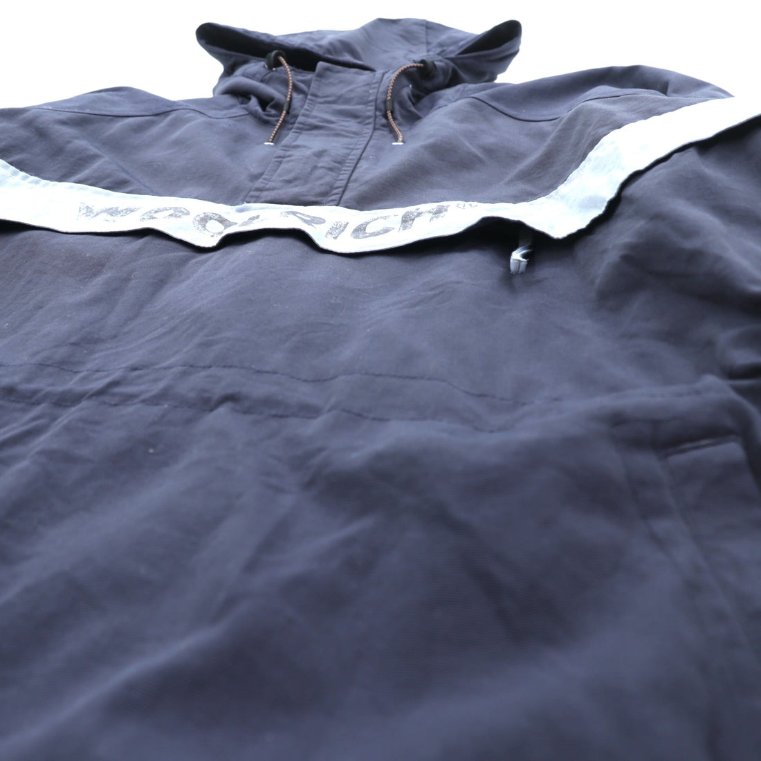 Woolrich Half Zip Anorak Hoodie Nylon Jacket, Large, Navy Drawcord, Kangaroo Pocket, Padded, Side Slit