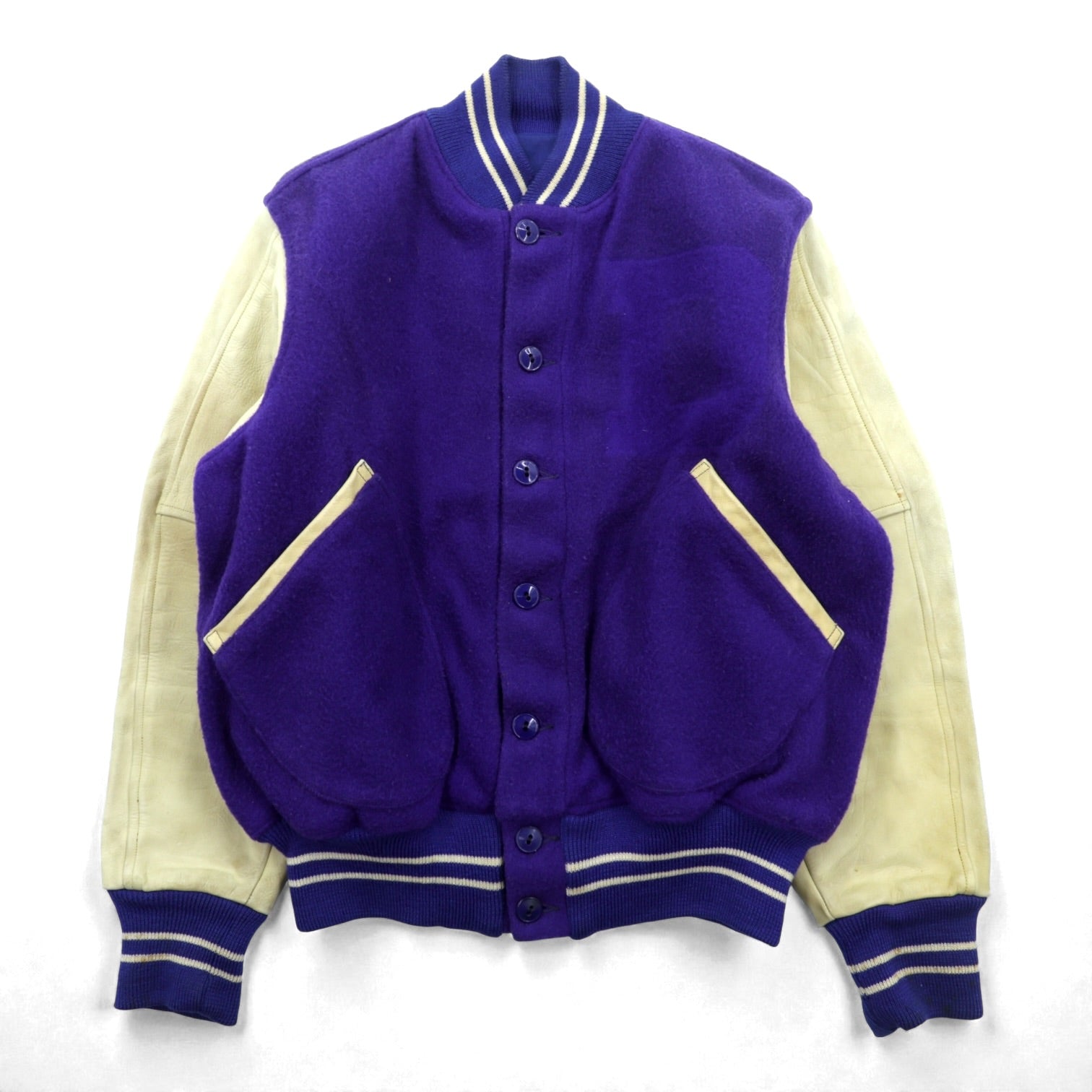 40年代 Vintage LOWE & CAMPBELL 袖レザー切り替え ボタスタ スタジャン L ブルー ウール