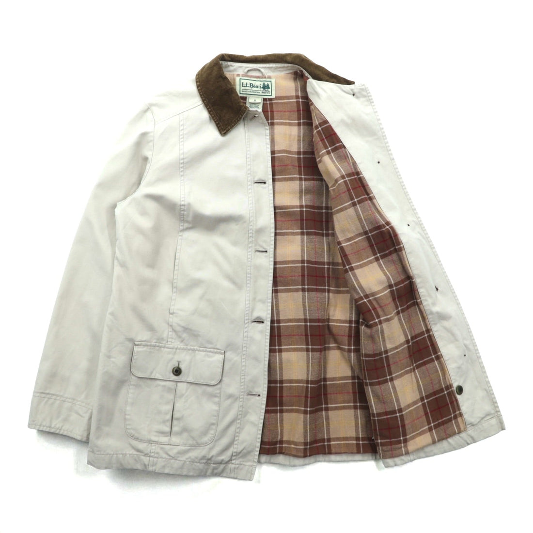 L.L.Bean Duck Chore Coat Coverall M Beige Cotton 267093 Corduroy Collar Check Lining