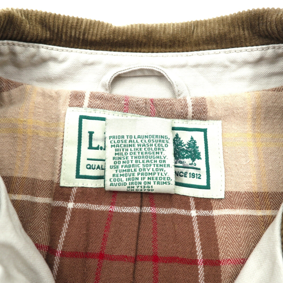 L.L.Bean Duck Chore Coat Coverall M Beige Cotton 267093 Corduroy Collar Check Lining