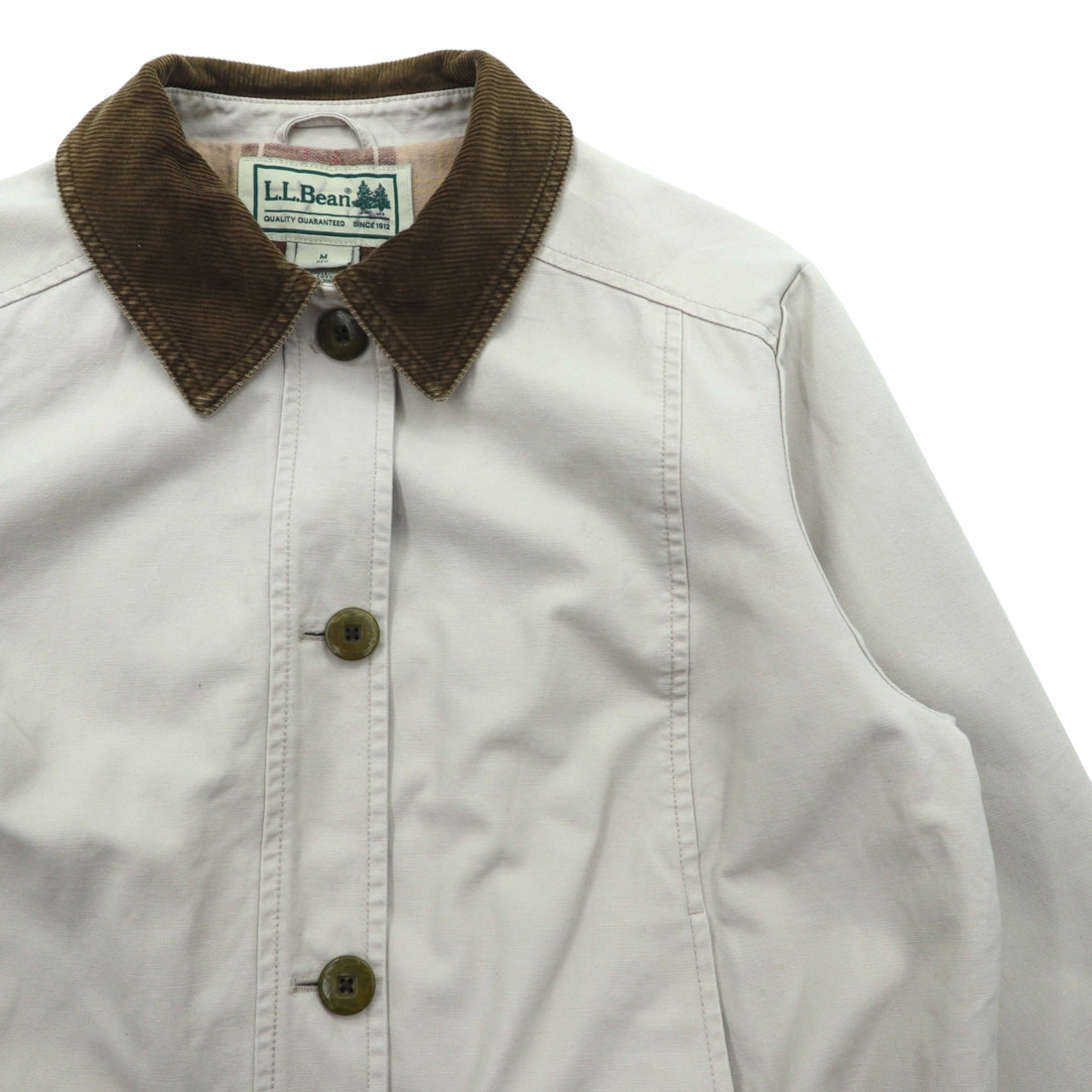 L.L.Bean Duck Chore Coat Coverall M Beige Cotton 267093 Corduroy Collar Check Lining