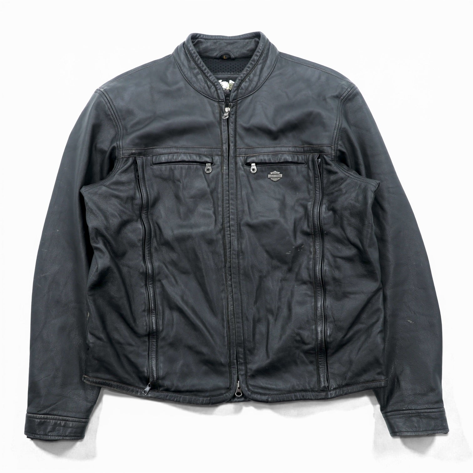 HARLEY DAVIDSON シングル ライダースジャケット L ブラック ダブルジップ レザー 本革 バック エンボスロゴ