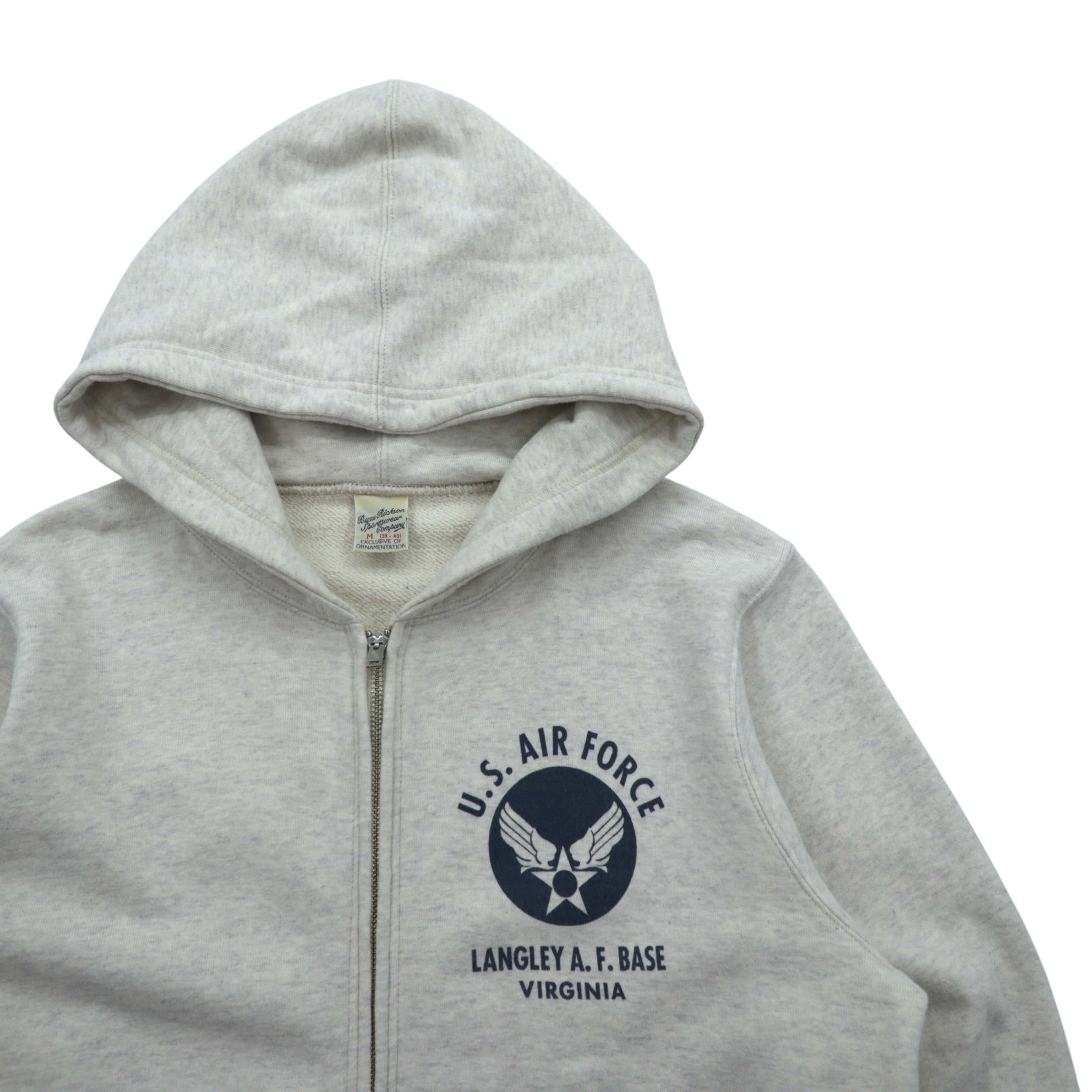 BUZZ RICKSON'S 染み込みプリント U.S AIR FORCE ジップパーカー M グレー LANGLEY A.F.BASE VIRGINIA