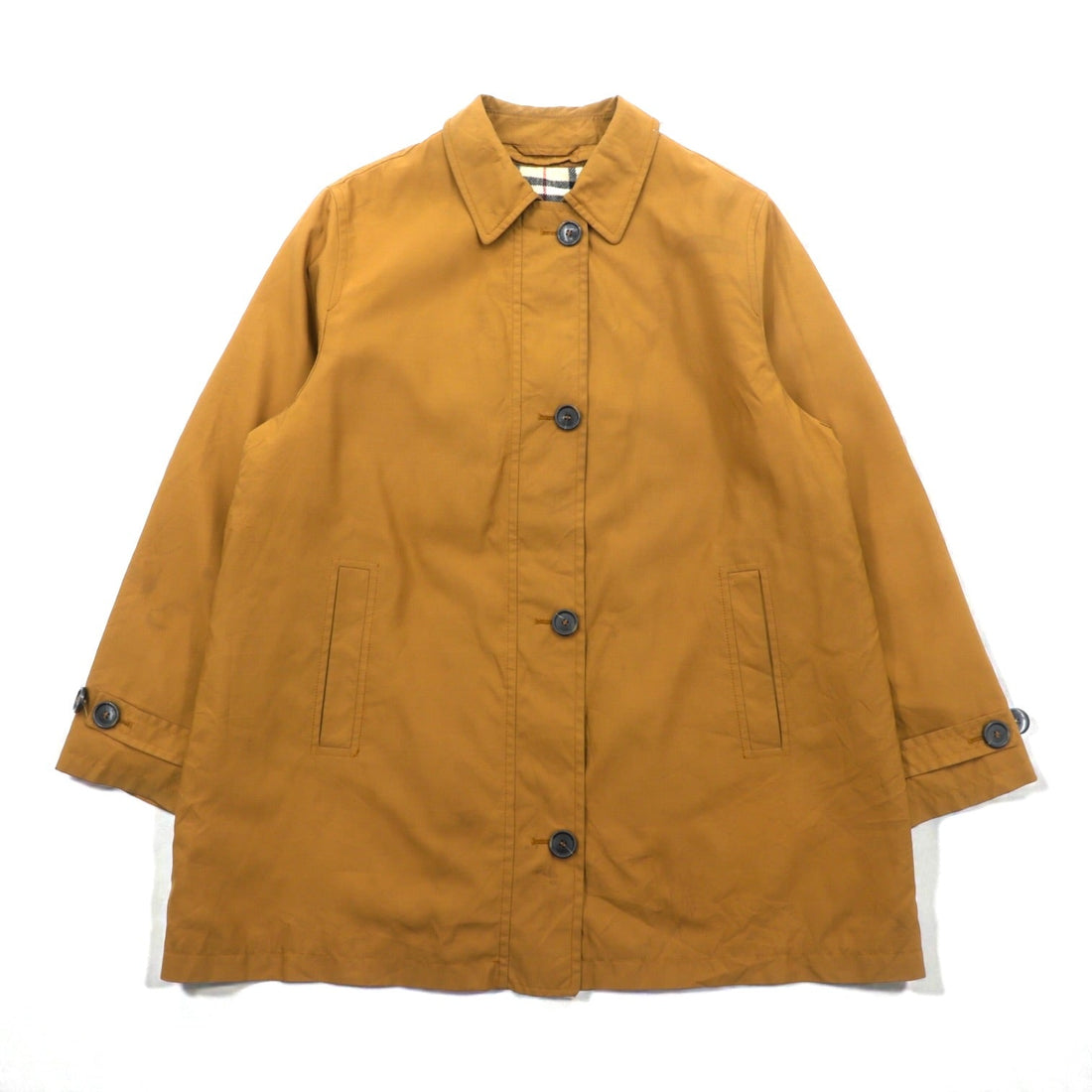 BURBERRY ボタン ジッパーフライ Aライン ステンカラーコート L マスタード キャメル ノバチェック ライナー着脱式 6D6992