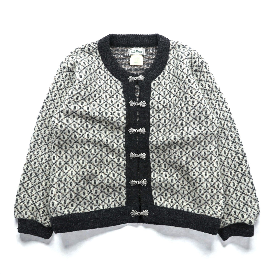 L.L.Bean 90s Tyrolean Knit Cardigan, Size S, Beige Wool, BA30, Made in Norway, Nordic Print, Metal Hook Buttons