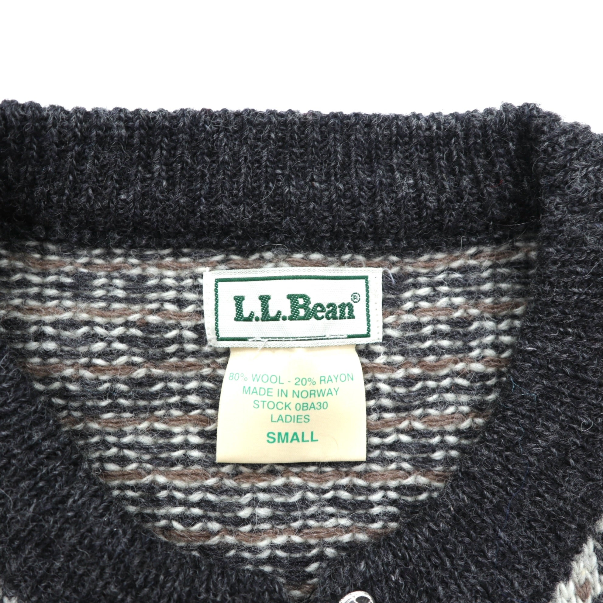 L.L.Bean 90年代 ノルウェー製 ヴィンテージ チロリアン バーズアイニット カーディガン S メタルフックボタン ノルディック柄 チロル ウール BA30