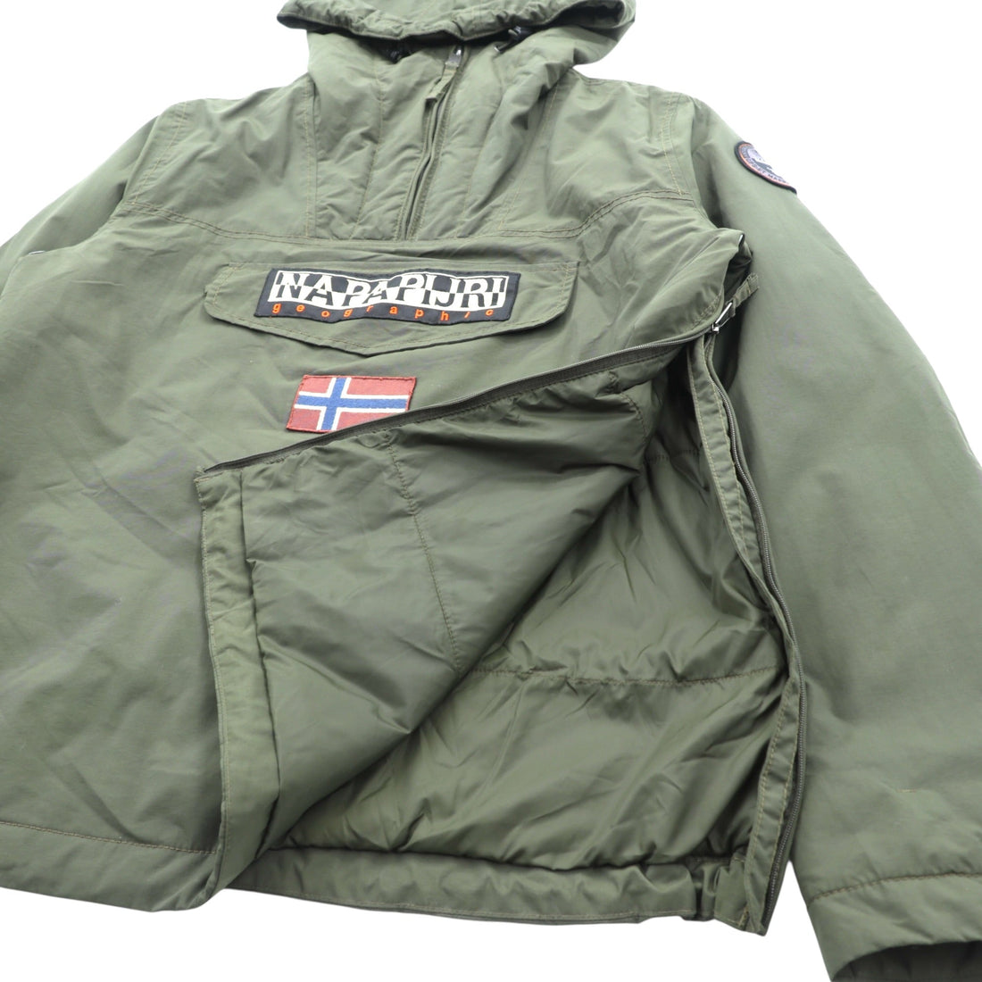NAPAPIJRI ハーフジップ アノラックパーカー XL カーキ 中綿 ドローコード サイドジップ スリット Rainforest Jacket N0YGU0