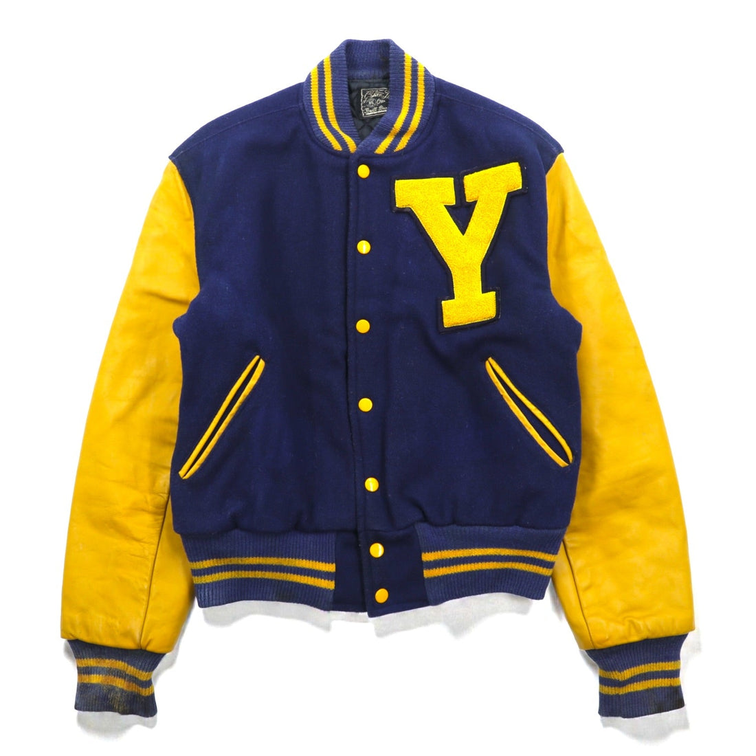 VINTAGE 80s Leather Sleeve Varsity Jacket, Size M, Navy Wool, Golden Thread Outerwear, Lettered Patch