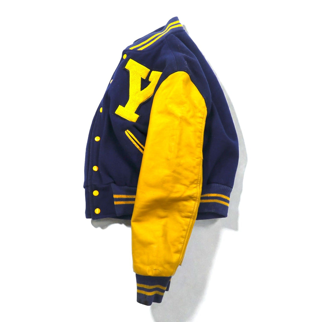 VINTAGE 80s Leather Sleeve Varsity Jacket, Size M, Navy Wool, Golden Thread Outerwear, Lettered Patch
