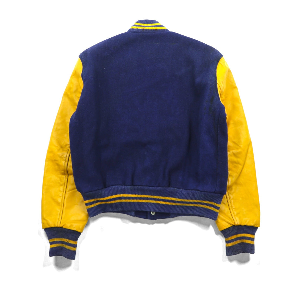 VINTAGE 80s Leather Sleeve Varsity Jacket, Size M, Navy Wool, Golden Thread Outerwear, Lettered Patch