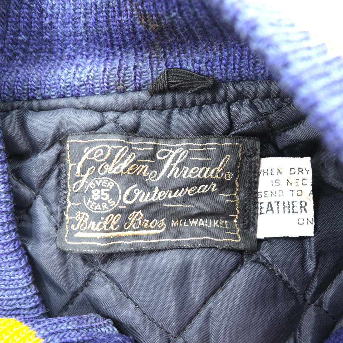 VINTAGE 80s Leather Sleeve Varsity Jacket, Size M, Navy Wool, Golden Thread Outerwear, Lettered Patch