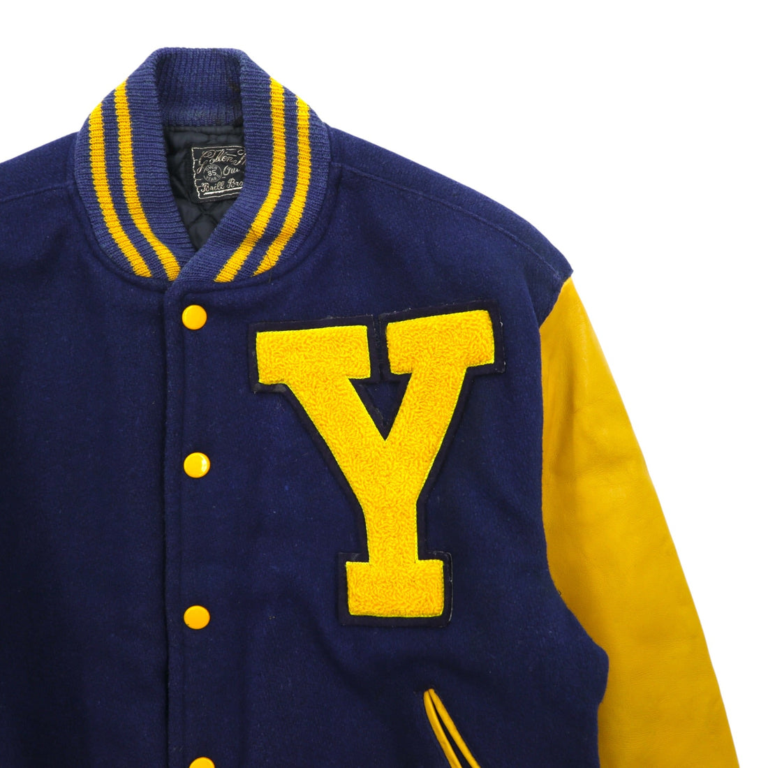 VINTAGE 80s Leather Sleeve Varsity Jacket, Size M, Navy Wool, Golden Thread Outerwear, Lettered Patch