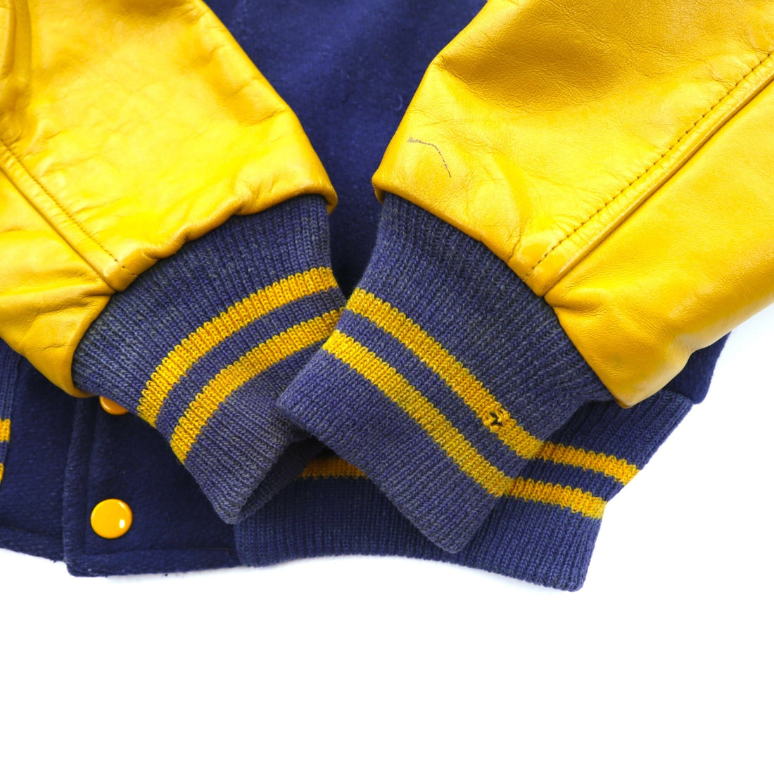 VINTAGE 80s Leather Sleeve Varsity Jacket, Size M, Navy Wool, Golden Thread Outerwear, Lettered Patch