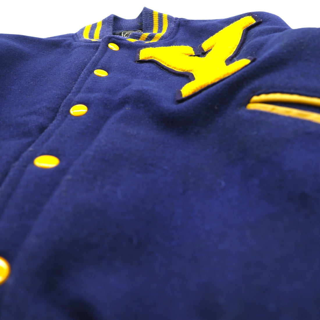 VINTAGE 80s Leather Sleeve Varsity Jacket, Size M, Navy Wool, Golden Thread Outerwear, Lettered Patch