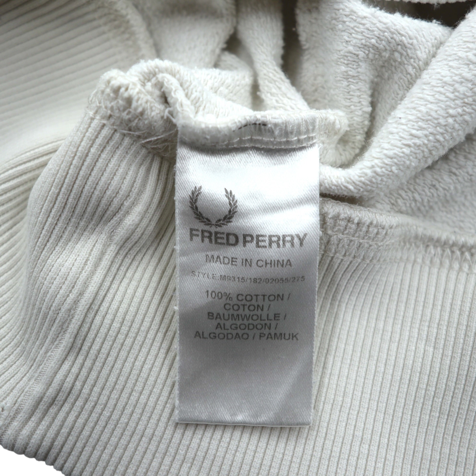 FRED PERRY 両V スウェット トレーナー S ホワイト ダメージ加工 ワンポイントロゴ M9315