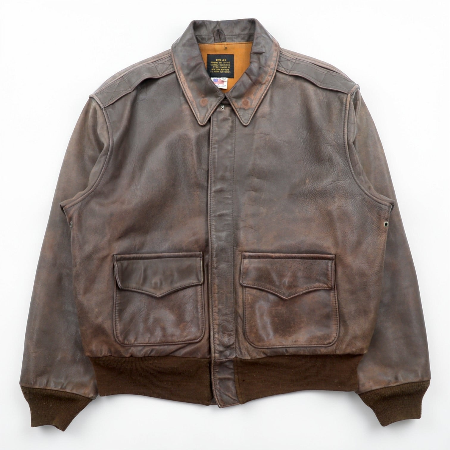 AVIREX USA製 ヴィンテージ ホースハイド A-2 レザー フライトジャケット XL ブラウン 1978-01 SCOVILL GRIPPER ジップ