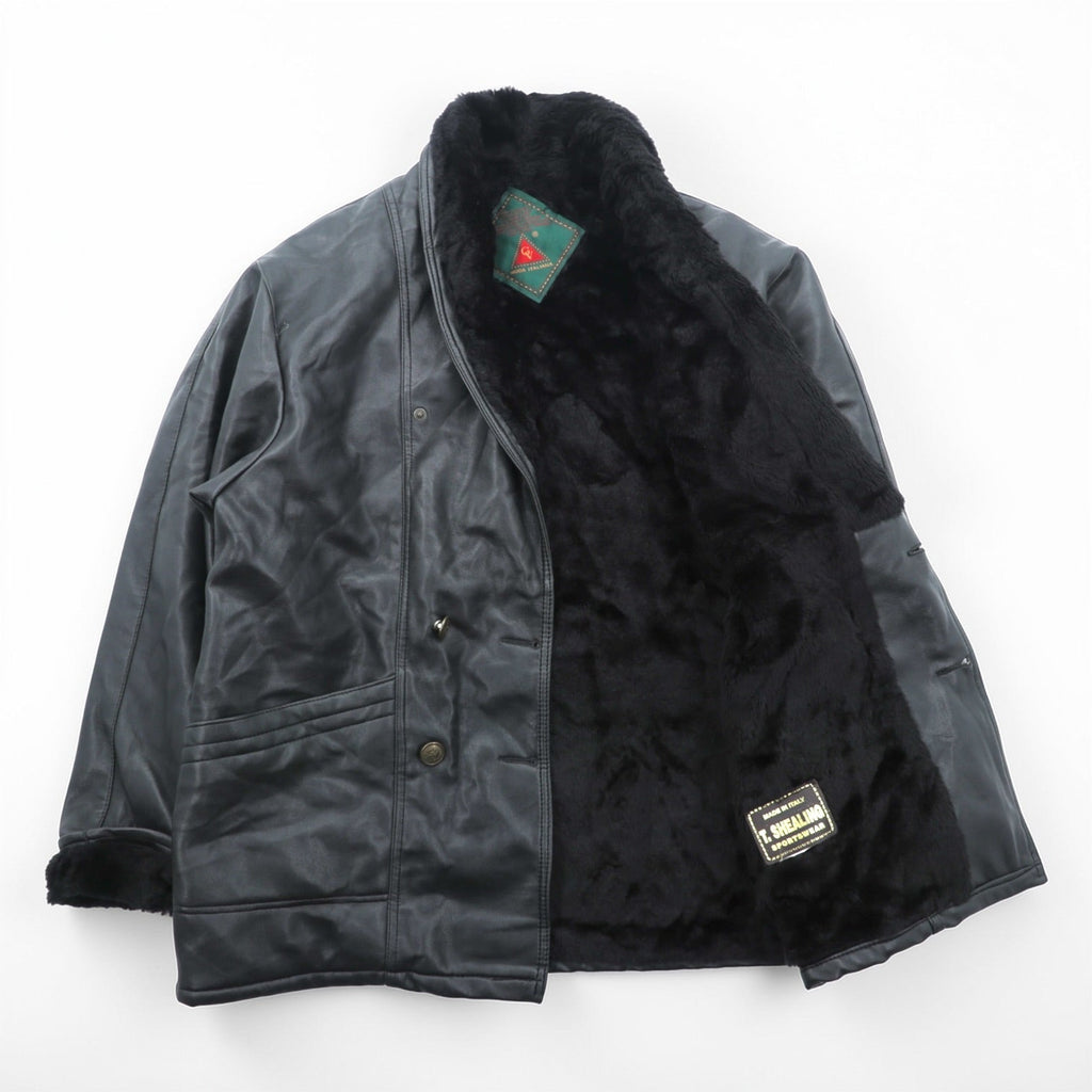 T. SHEALING 80年代 イタリア製 ユーロヴィンテージ ショールカラー ムートンコート L ブラック 裏ボア シアリング
