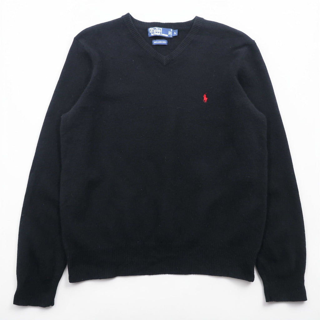 Polo Ralph Lauren 90年代 Vネック ニット セーター L ブラック ラムウール 羊毛 ITALIAN YARN スモールポニー刺繍