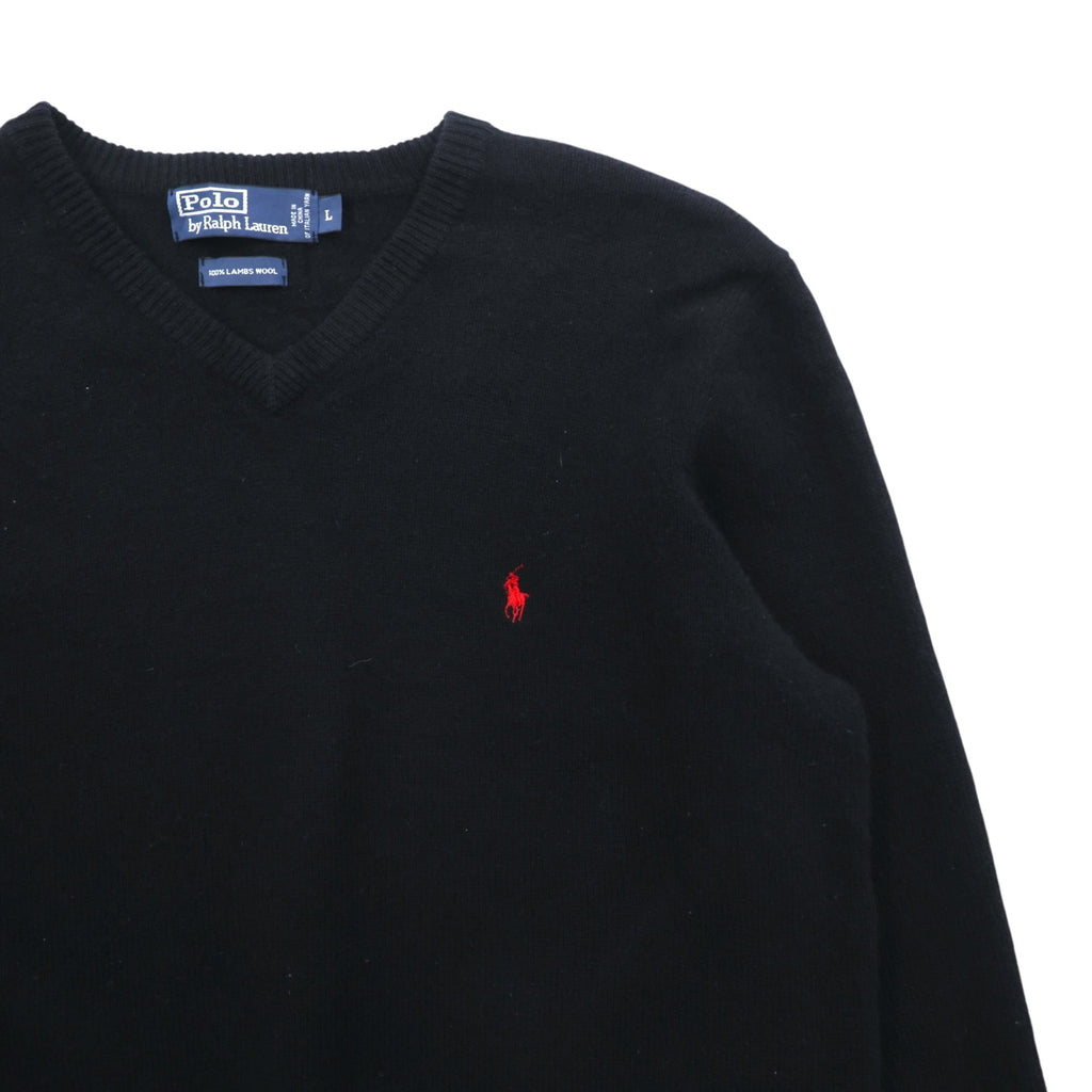Polo Ralph Lauren 90年代 Vネック ニット セーター L ブラック ラムウール 羊毛 ITALIAN YARN スモールポニー刺繍
