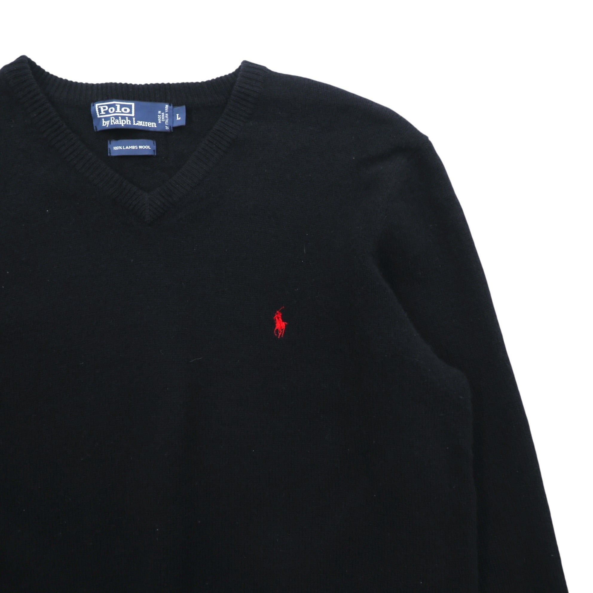 Polo Ralph Lauren 90年代 Vネック ニット セーター L ブラック ラムウール 羊毛 ITALIAN YARN スモールポニー刺繍