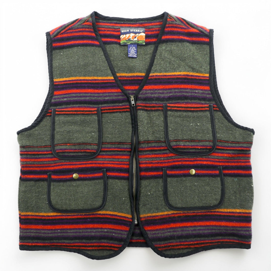 HIGH SIERRA 90s Vintage Tweed Zip-Up Vest L Striped Multi-Color Wool Outdoor 4 Pockets
