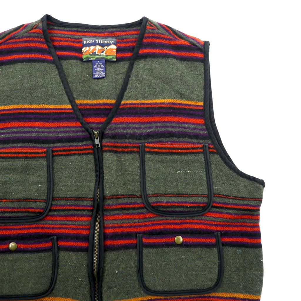 HIGH SIERRA 90年代 ヴィンテージ ツイード ジップアップ ベスト L ボーダー マルチカラー ウール アウトドア 4ポケット