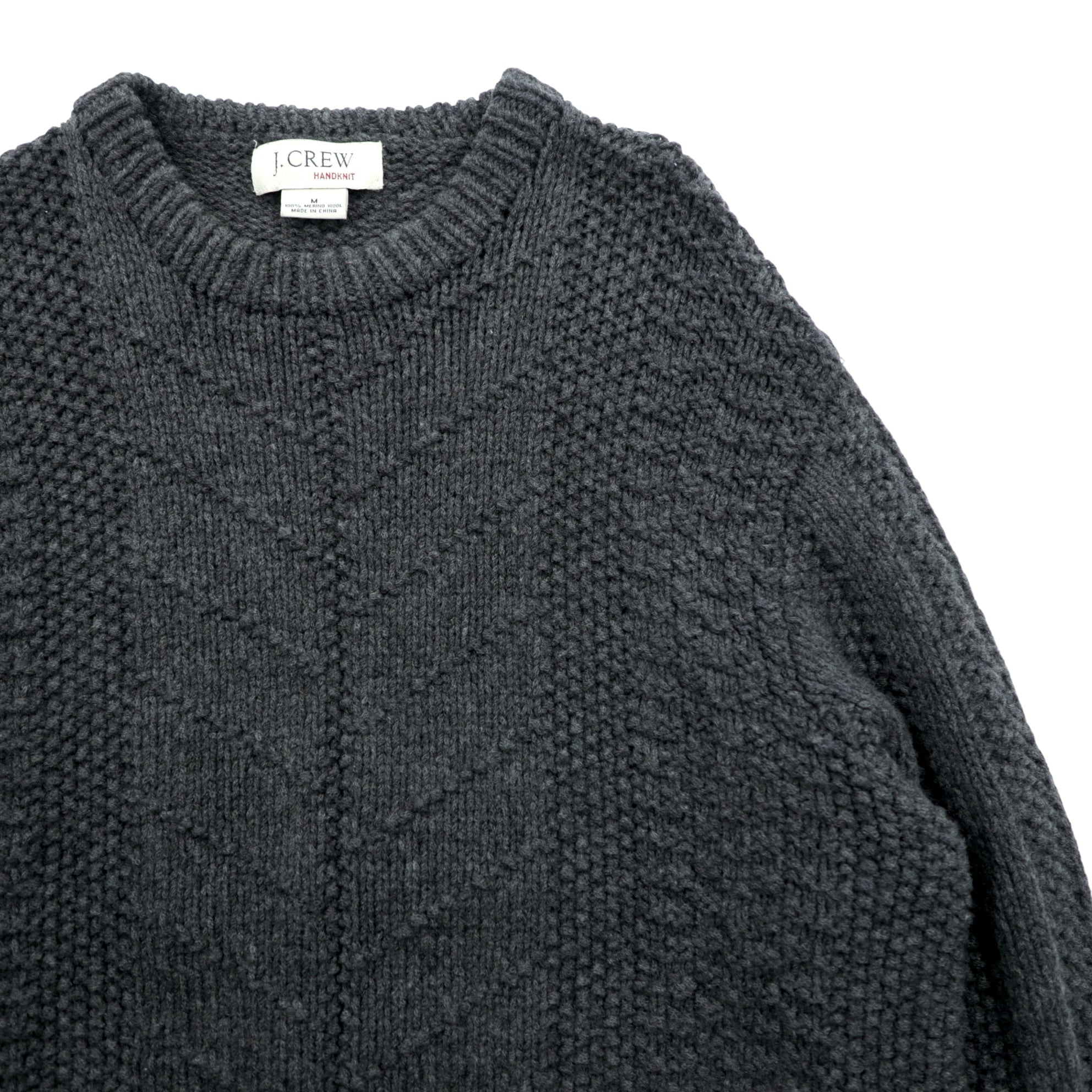 J.CREW 90年代 ヴィンテージ ケーブル編み ニット クルーネック セーター M グレー メリノウール HAND KNIT