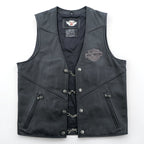 HARLEY DAVIDSON チェーンフロント レザーベスト M ブラック チェーンボタン レースアップ 刺繍 バイカー