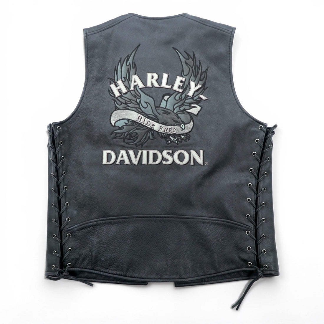 HARLEY DAVIDSON チェーンフロント レザーベスト M ブラック チェーンボタン レースアップ 刺繍 バイカー