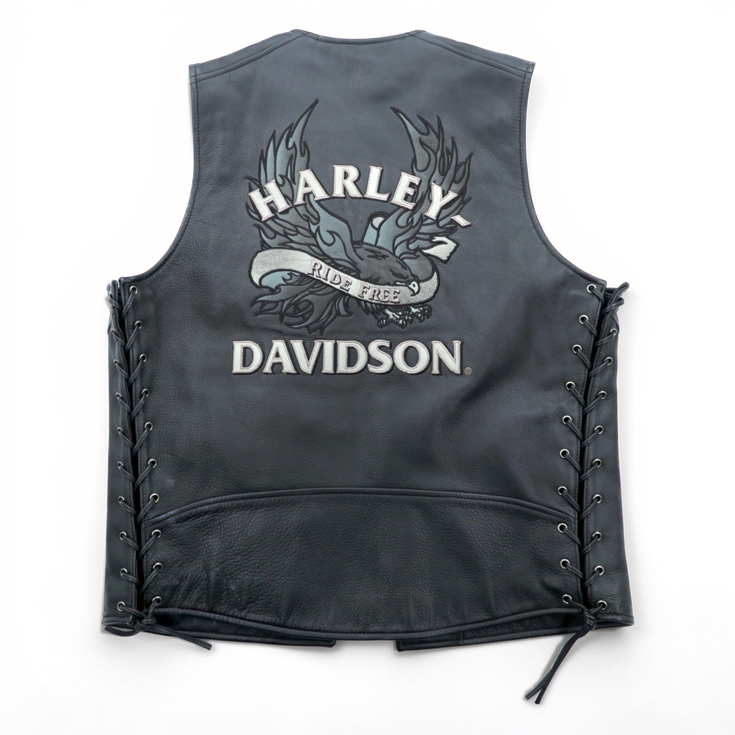 HARLEY DAVIDSON チェーンフロント レザーベスト M ブラック チェーンボタン レースアップ 刺繍 バイカー