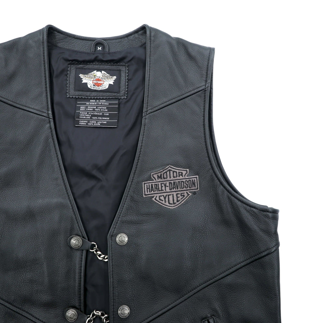 HARLEY DAVIDSON チェーンフロント レザーベスト M ブラック チェーンボタン レースアップ 刺繍 バイカー