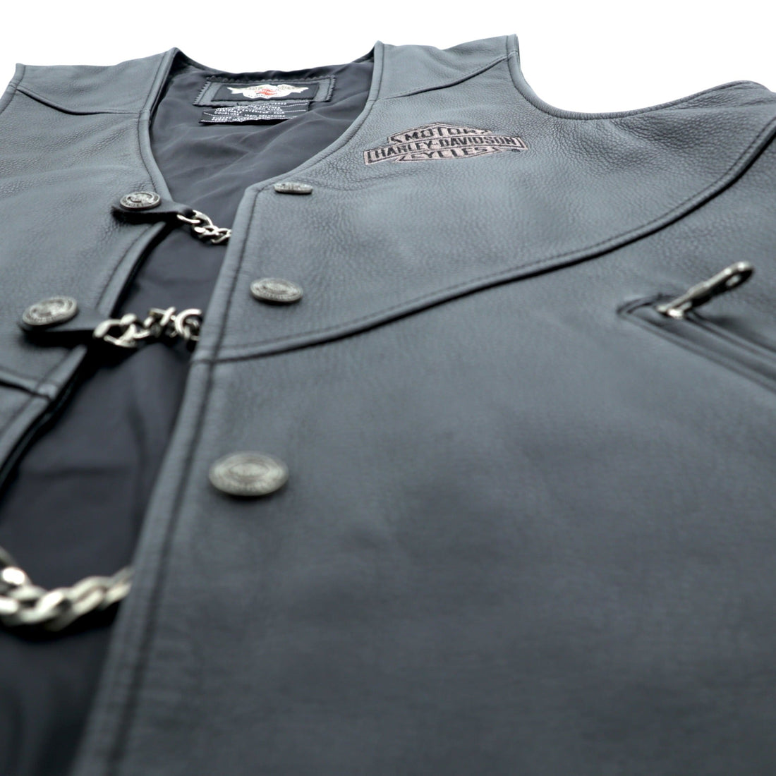 HARLEY DAVIDSON チェーンフロント レザーベスト M ブラック チェーンボタン レースアップ 刺繍 バイカー