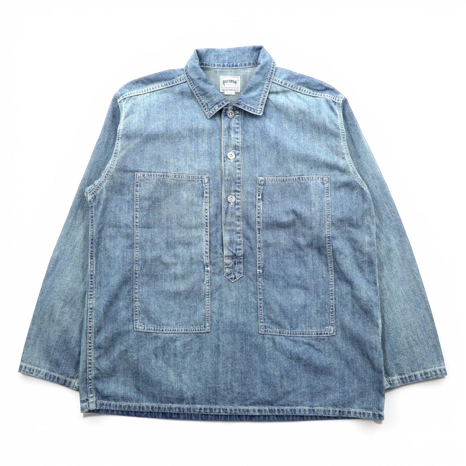 HOUSTON デニム プルオーバー シャツ L インディゴ USAコットン VINTAGE WASH ミリタリー 40696