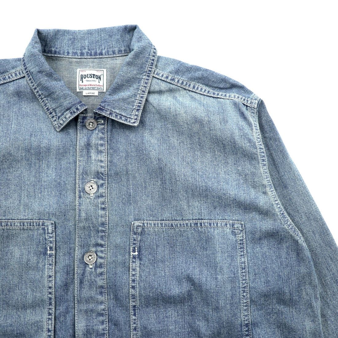 HOUSTON USA Cotton Denim Pullover Shirt, Size L, 40696, Vintage Wash, Military Style