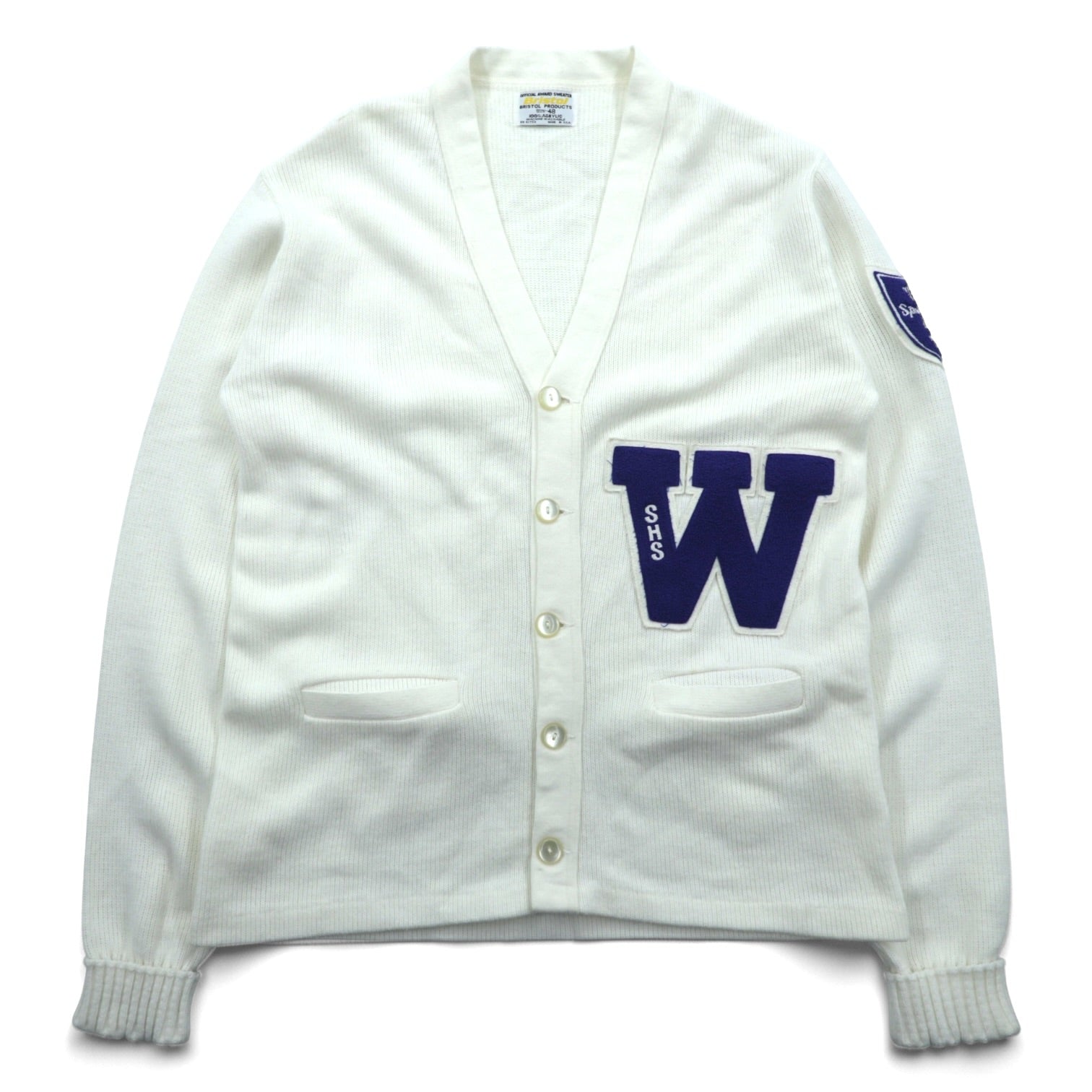 Bristol Products 80年代 USA製 ヴィンテージ アワードセーター レタード ニット カーディガン L ホワイト W ワッペン