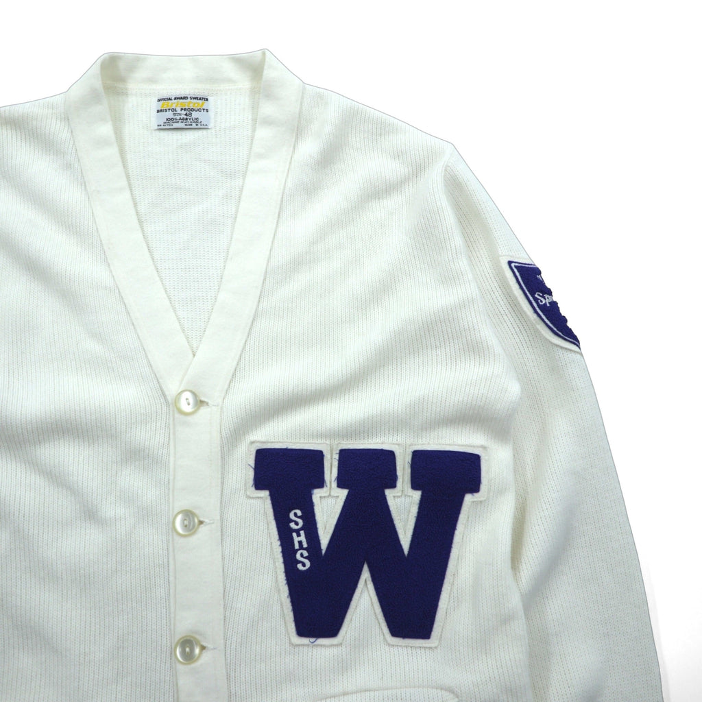 Bristol Products 80年代 USA製 ヴィンテージ アワードセーター レタード ニット カーディガン L ホワイト W ワッペン