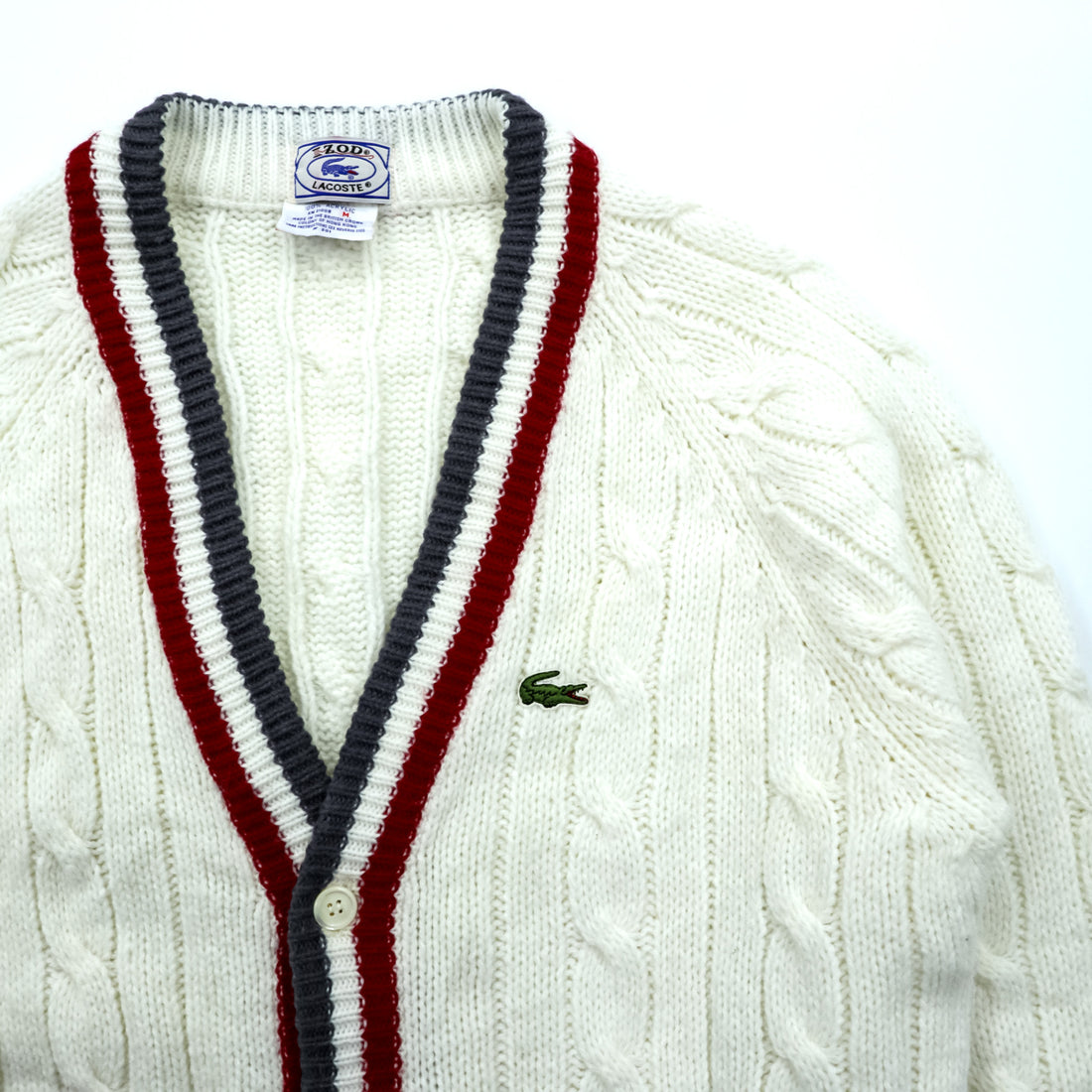 IZOD LACOSTE 70年代 ヴィンテージ ニット カーディガン M ホワイト 糸巻タグ トリコロール