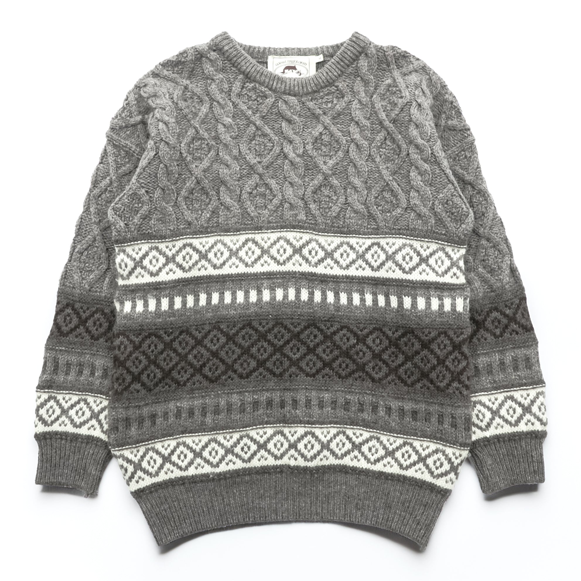 West Highland Woollens 80年代 スコットランド製 ヴィンテージ ケーブルニット セーター グレー M ウール 総柄 フェアアイル