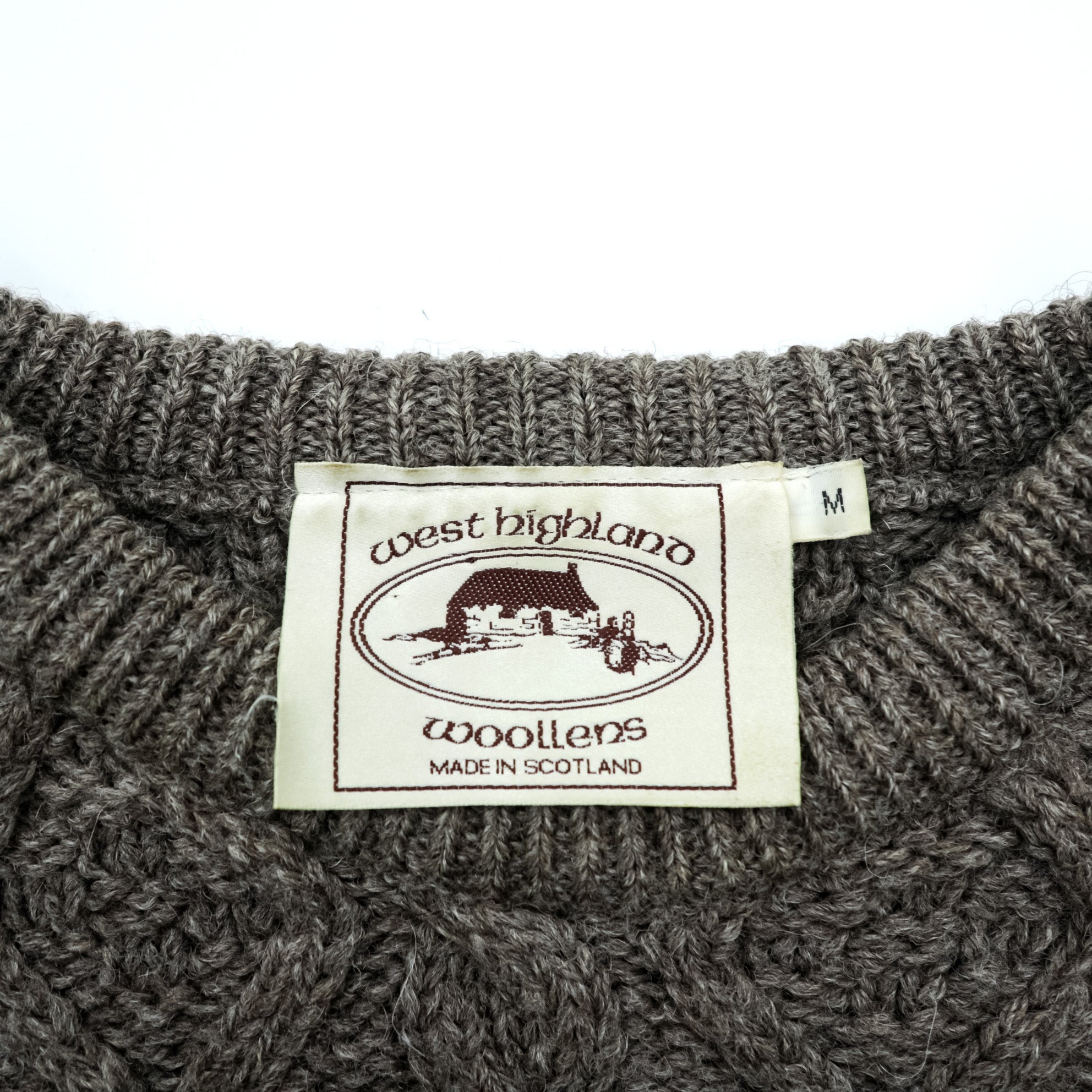 West Highland Woollens 80年代 スコットランド製 ヴィンテージ ケーブルニット セーター グレー M ウール 総柄 フェアアイル