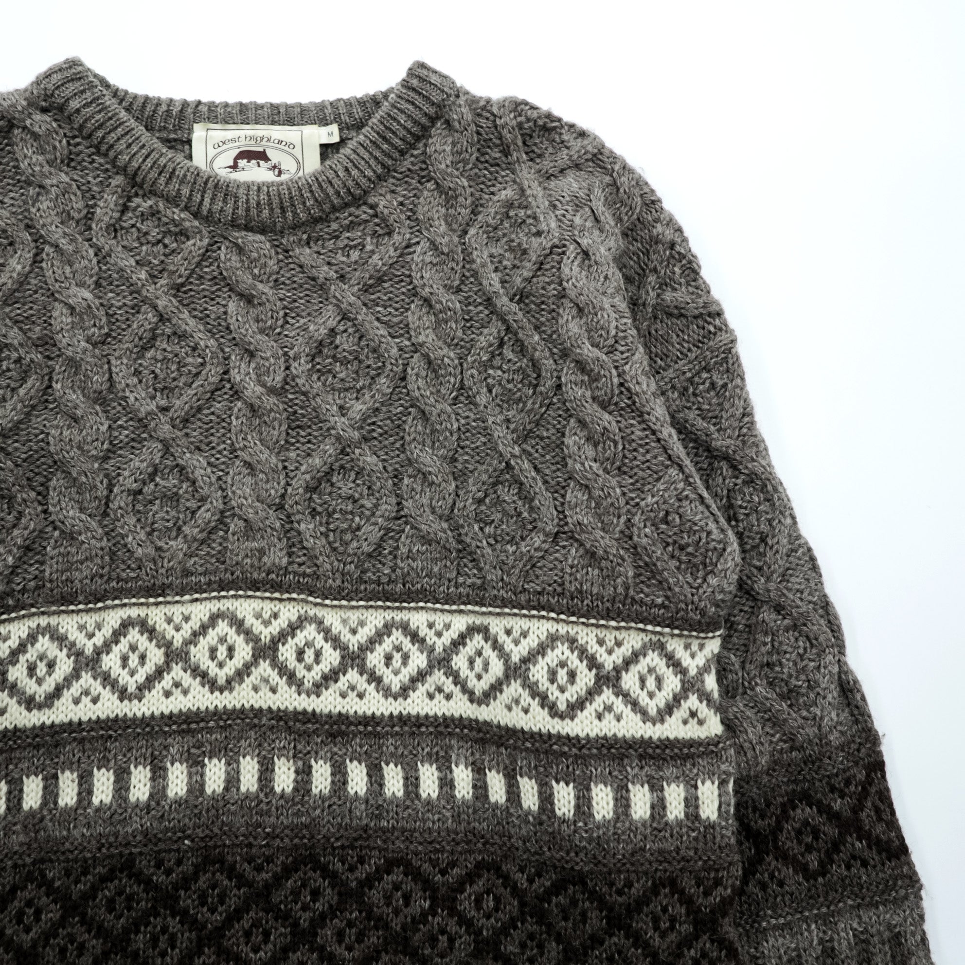 West Highland Woollens 80年代 スコットランド製 ヴィンテージ ケーブルニット セーター グレー M ウール 総柄 フェアアイル