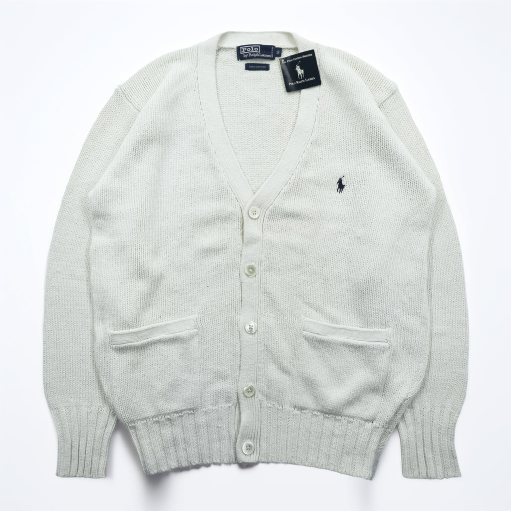 Polo Ralph Lauren 90年代 ニット Vネック カーディガン S ホワイト コットン ポケット 未使用品