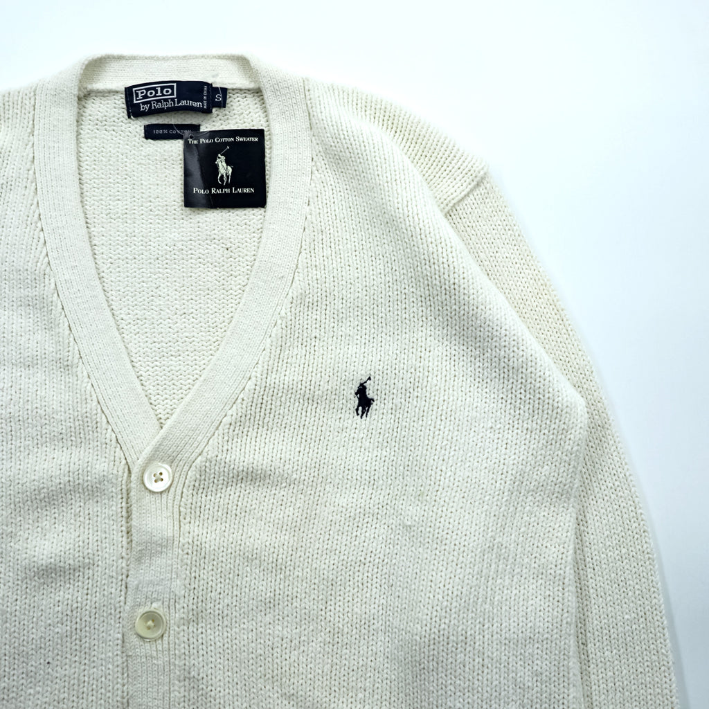 Polo Ralph Lauren 90年代 ニット Vネック カーディガン S ホワイト コットン ポケット 未使用品